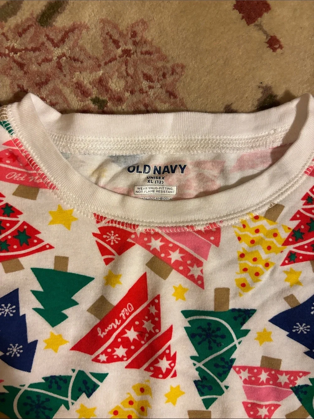 Old Navy White Long-Sleeve Top with Multicolor Holiday Tree Print